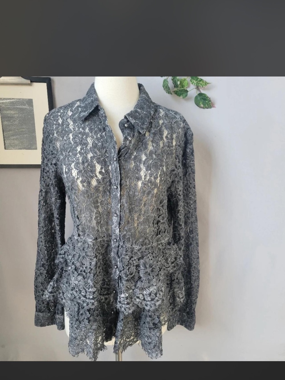Women’s Gray Lace Button-Up Shirt - Elegant Sheer Collared Top